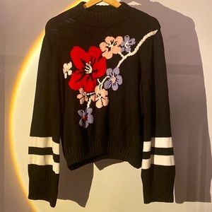 floral graphic and stripe sleeve sweater